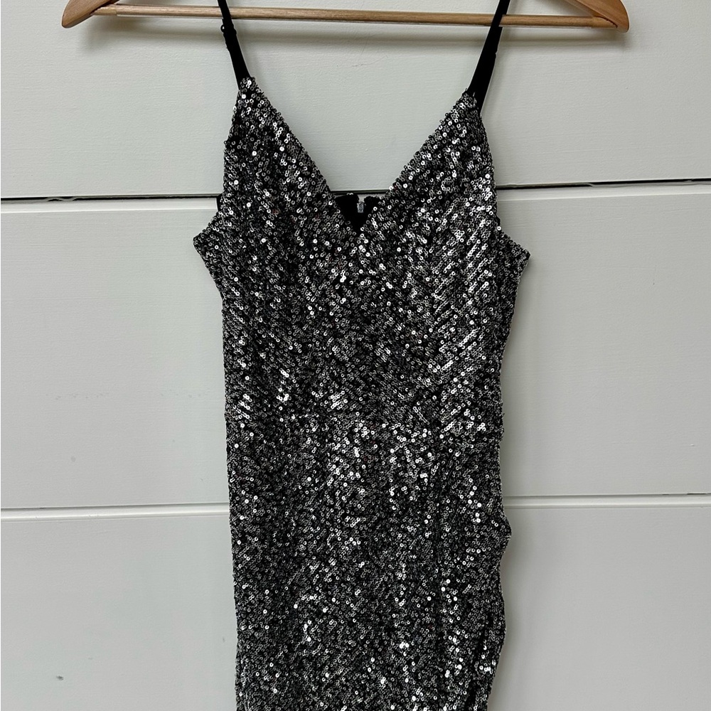 Silver Sequin Spaghetti Strap Prom Dress